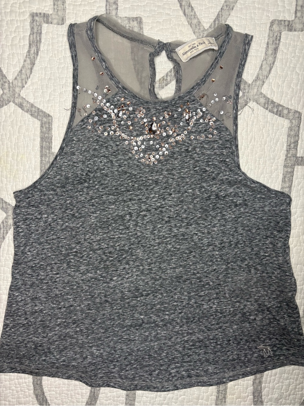 Abercrombie & Fitch Gray Embellished Mesh Yoke Tank
